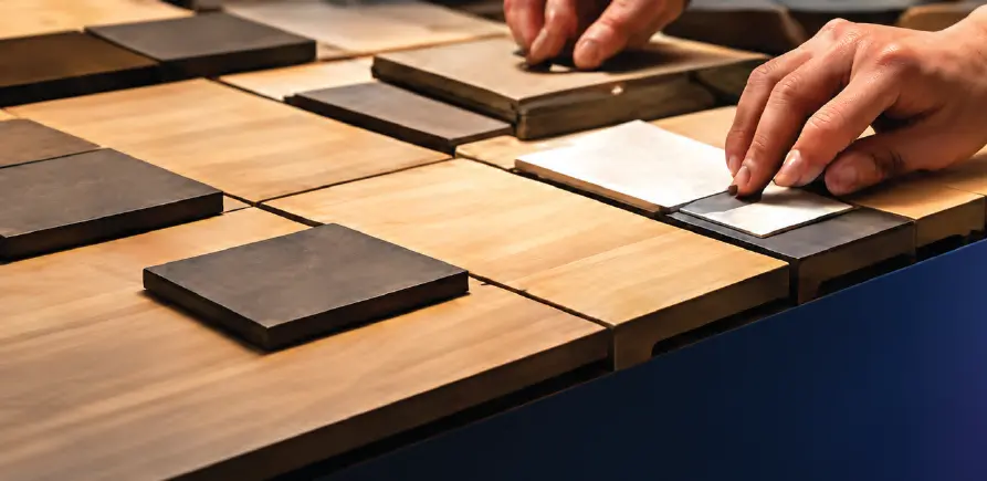Échantillons de bois et de finitions posés sur un établi de l’atelier