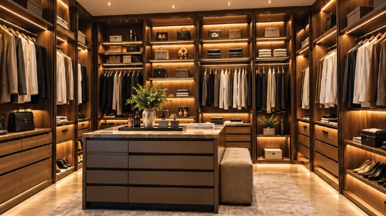 Dressing en bois avec îlot central et éclairage intégré